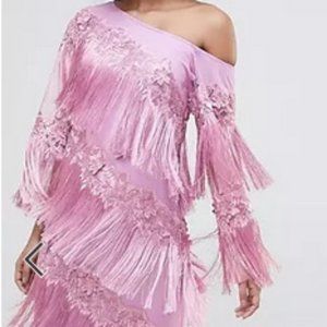 ASOS EDITION pink embroidered one shoulder fringe midi dress, like new, sz 10-12